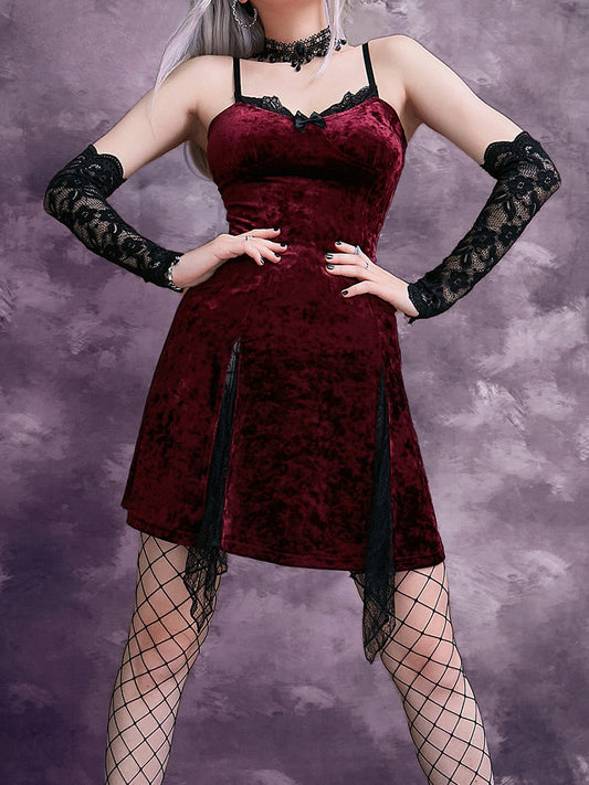 Y2K Lolita Grunge Waist Slit Partywear Dark High Emo Clubwear Velvet Mini Mesh Vintage Aesthetic Gothic Sexy Dress