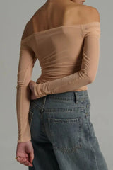 Off Shoulder Sheer Mesh Bodycon Long Sleeve Tee