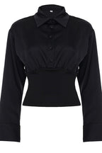 Gathered Waist Bell Sleeve Button Blouse