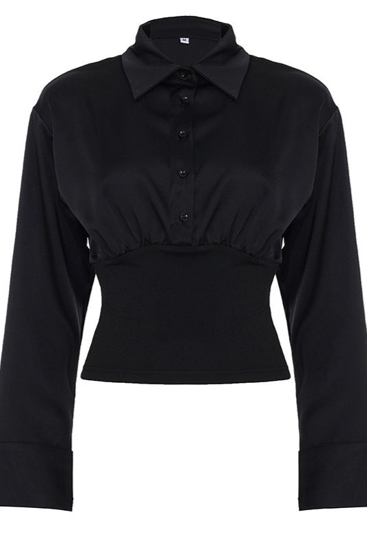 Gathered Waist Bell Sleeve Button Blouse