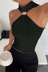 High Neck Metal Ring Sleeveless Off Shoulder Tank Top