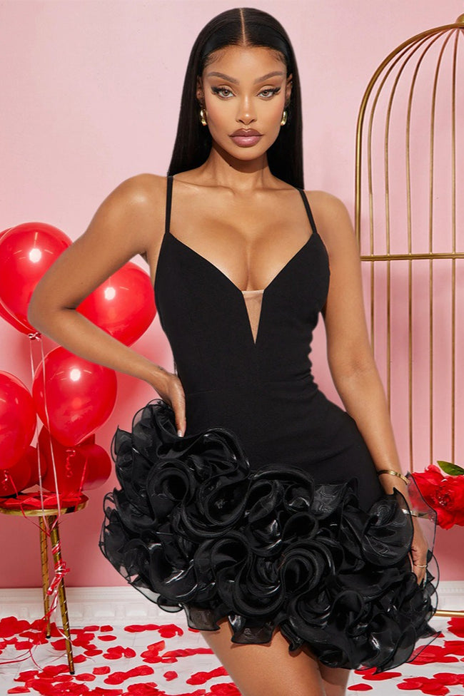 Sexy Solid Spaghetti Strap Ruffled Asymmetric Mini Dress Main image
