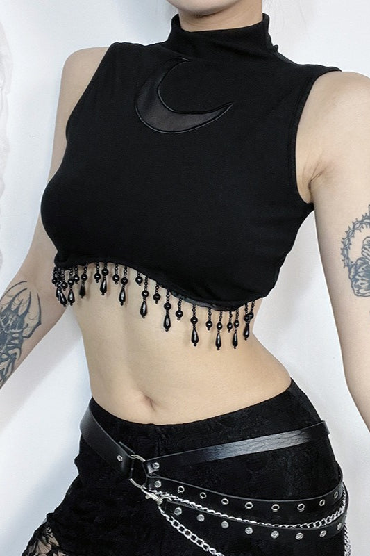 High Neck Sleeveless Moon Cutout Fringe Crop Top Secondary image