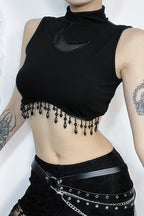 High Neck Sleeveless Moon Cutout Fringe Crop Top