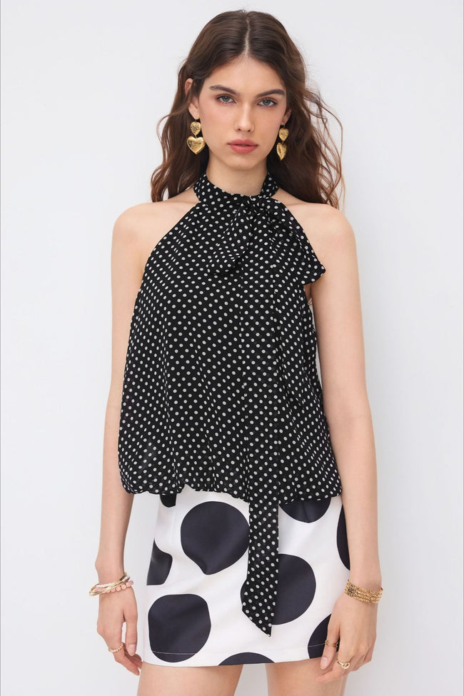 Black Polka Dot Draped Tie Halter Top Main image