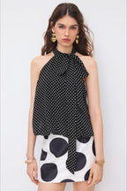 Black Polka Dot Draped Tie Halter Top