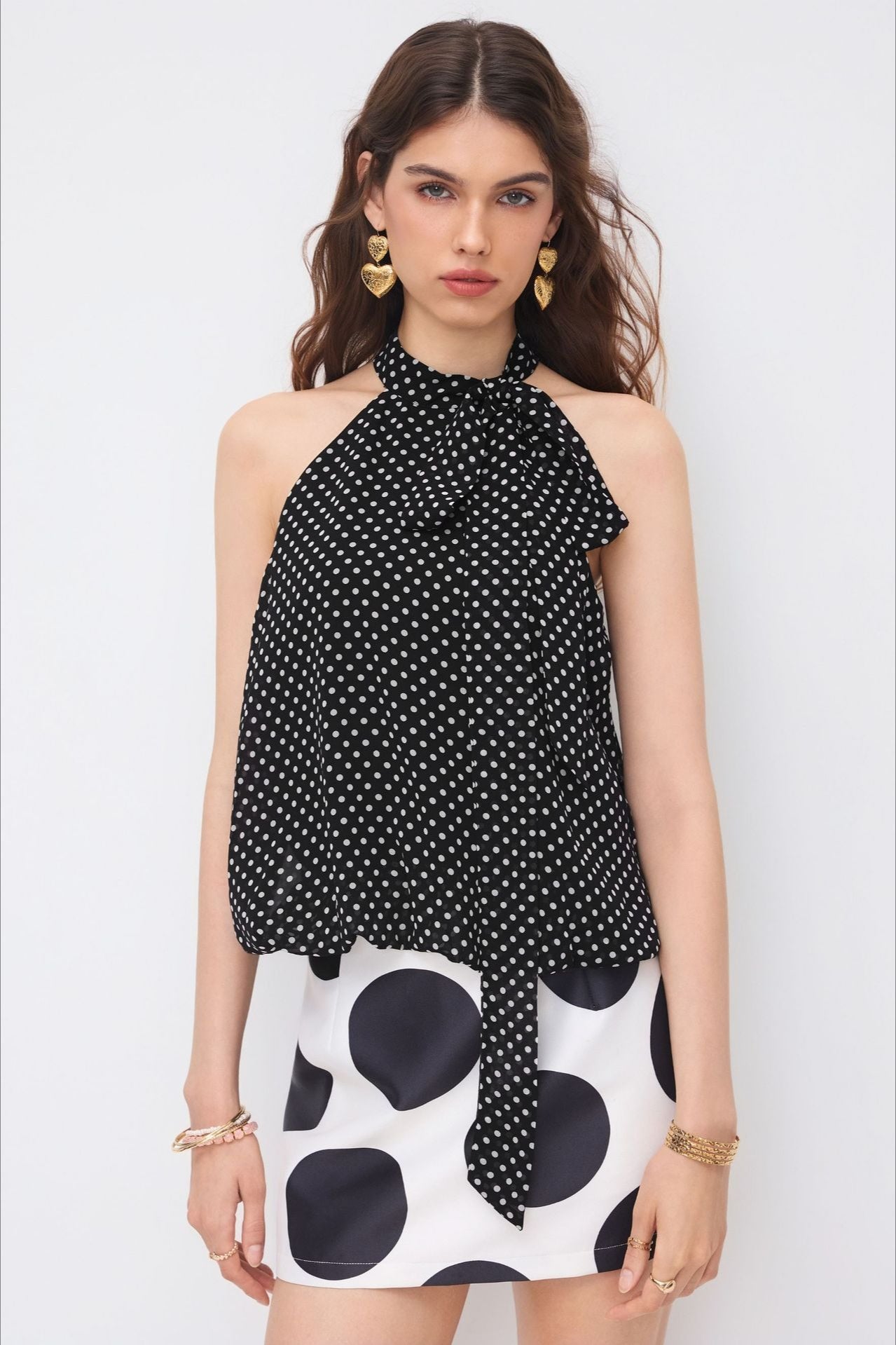 Black Polka Dot Draped Tie Halter Top