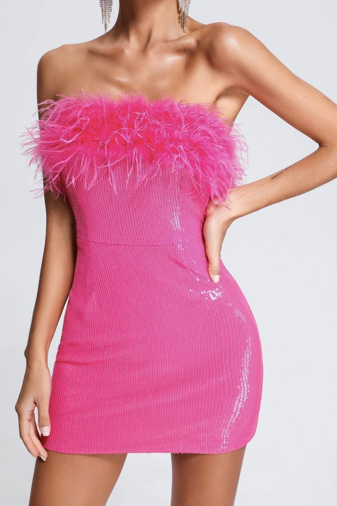 Sequin Faux Fur Off Shoulder Party Dress Main image