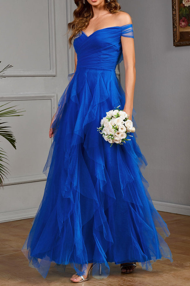 Solid Off Shoulder Tulle Gown Formal Dress S / Blue Main image