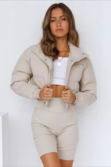 Solid Color Lapel Collar Cropped Puffer Jacket S / White