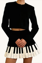 Retro Black White Piano Pleated High Waist Slim Skirt
