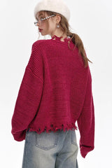 Red Embroidered Raw Edge Wool Blend Sweater