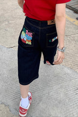 Color Letter Print Loose Fit Denim Shorts
