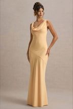 Satin Cowl Neck Fishtail Party Dress S / Yellow