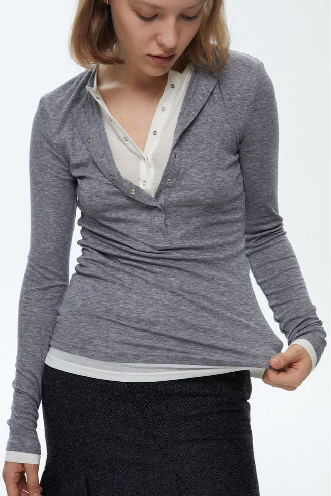 Button Detail Layered Long Sleeve Knit Top Main image