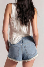 Low Rise Lace Panel Straight Leg Denim Shorts