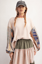 Waffle Knit Patchwork Sleeve Sweatshirt