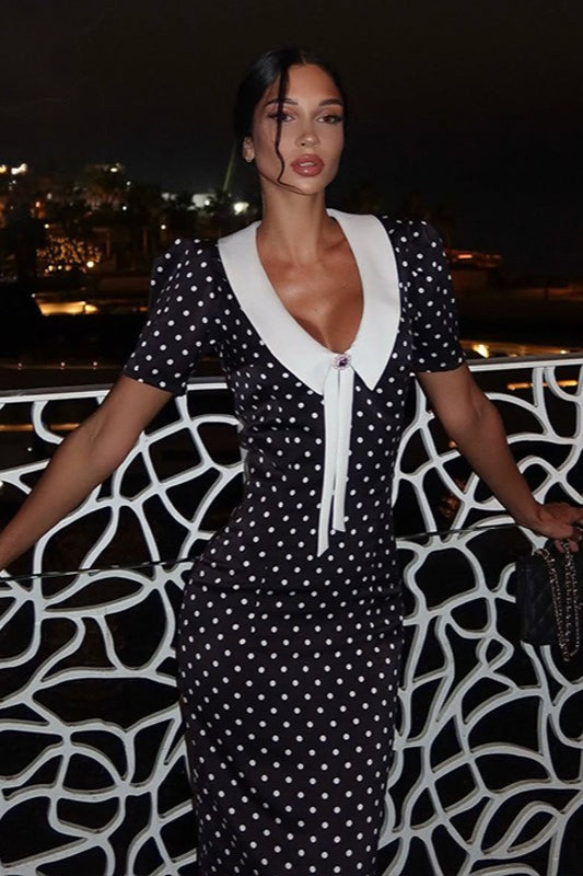 Polka Dot V-Neck Puff Sleeve Bodycon Maxi Dress Main image