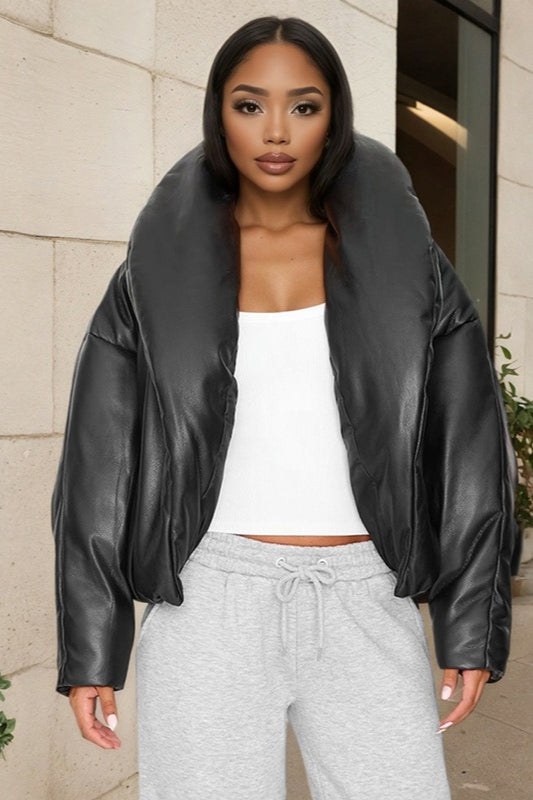 Faux Leather Stand Collar Cropped Puffer Jacket Secondary image
