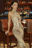 Halter Leopard Print Fitted Backless Asym Midi Dress