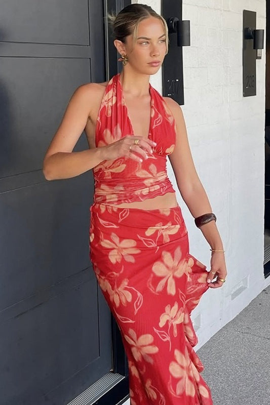 Halter Deep V Ruffle Patchwork Cutout Long Floral Dress Secondary image