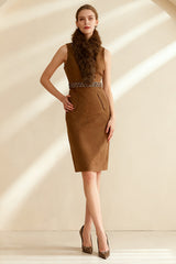 Faux Fur Sleeveless Embellished Midi Dress