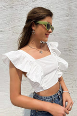 Backless Tie Ruffle Sleeve Sweet Square Neck Crop Top