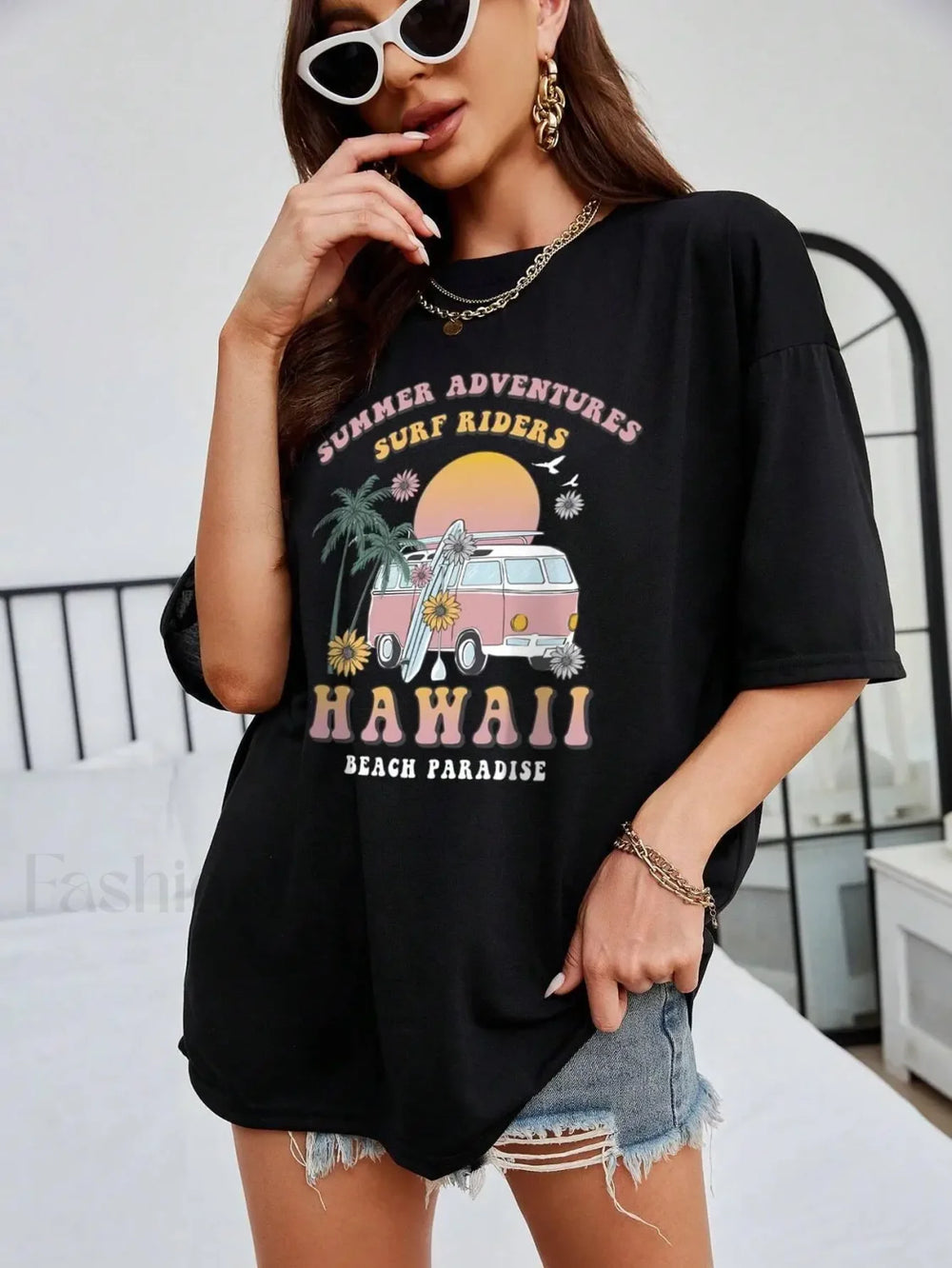 100% Cotton Hawaii Summer Adventure Print T Shirt Black / S