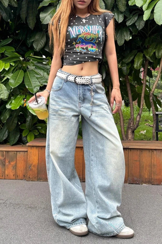 High Waist Embroidered Wide Leg Jeans Blue / S Main image