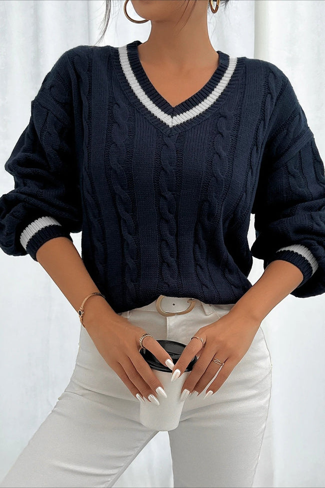 Colorblock Cable Knit V Neck Sweater Main image