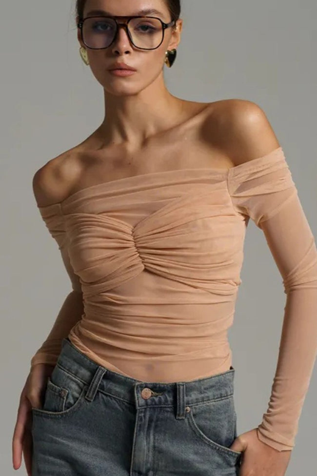 Off Shoulder Sheer Mesh Bodycon Long Sleeve Tee Main image