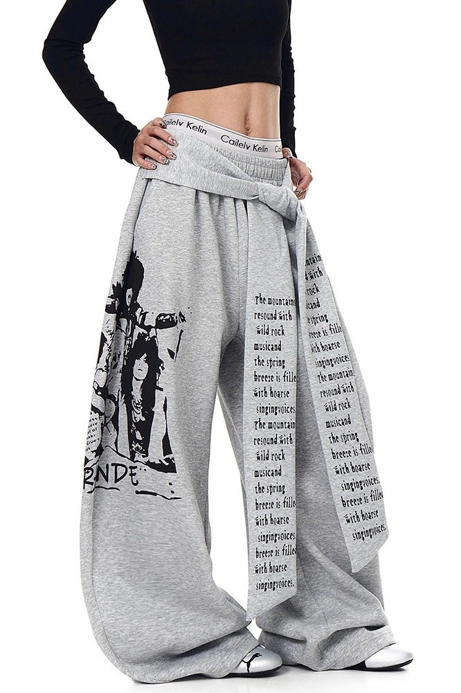 Layered Typography Ribbon Barrel Leg Sweatpants
