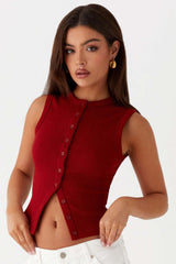 Round Neck Button Detail Ribbed Slim Tank Top