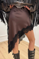 Satin Lace Asymmetric Split Slim A-Line Mini Skirt