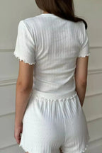 Jacquard Frill Trim Round Neck Short Sleeve Shorts Set