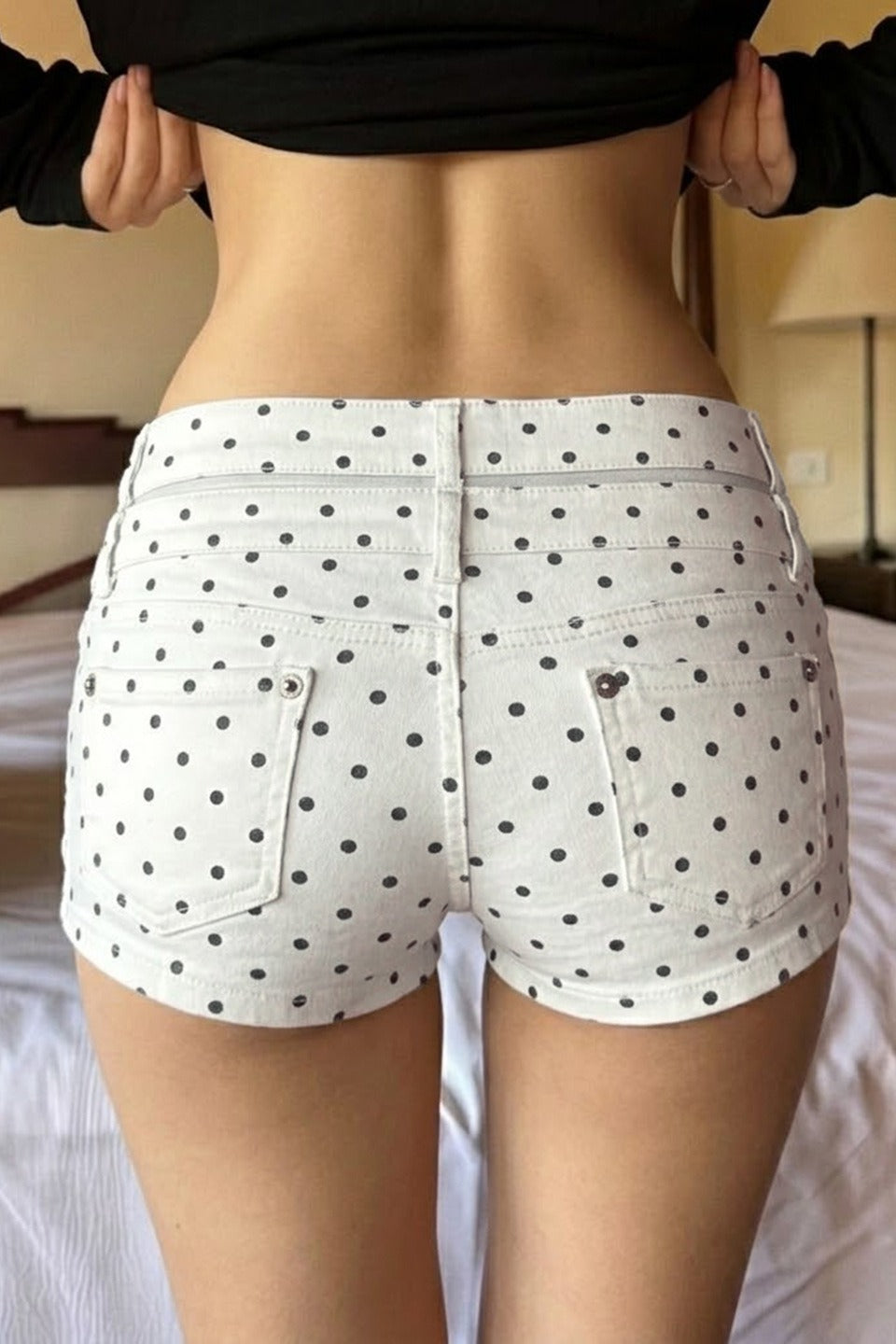 Polka Dot Low Rise Denim Mini Shorts