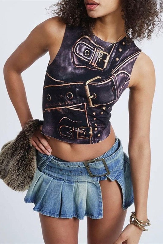 Belted Pleated Denim Mini Skirt Secondary image