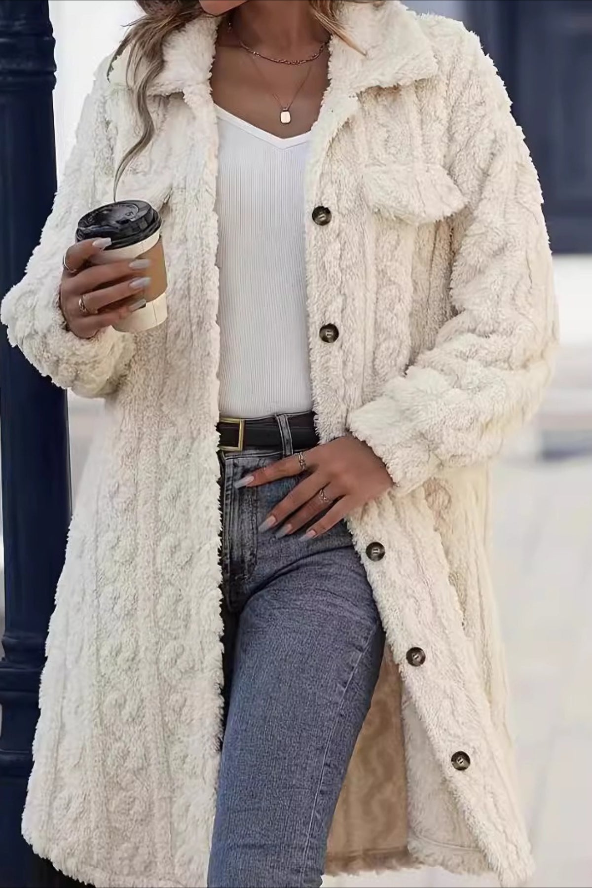 Double Face Plush Lapel Button Overcoat Main image
