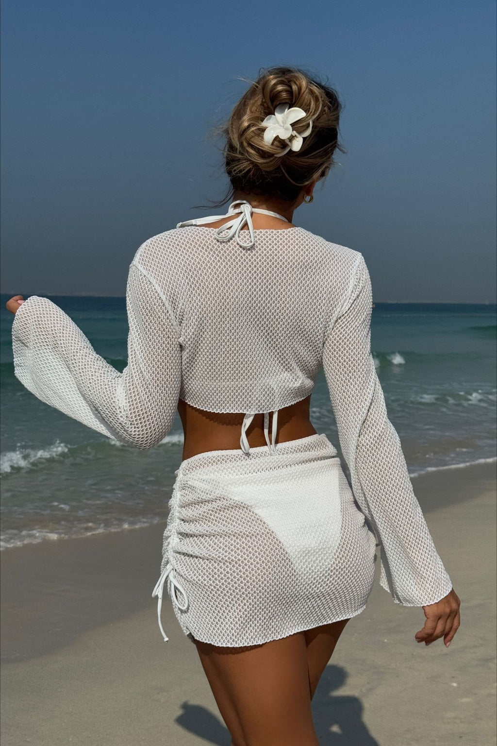 Solid Ruched Mesh Four Piece Swim Set