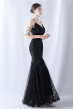 Beaded Mesh Cocktail Maxi Dress