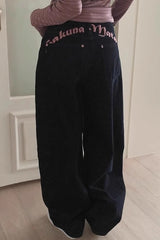 Black Embroidery Letter Print High Waist Jeans