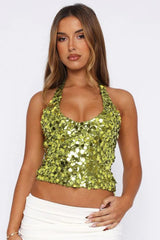 Solid Sequin Halter V Neck Crop Top