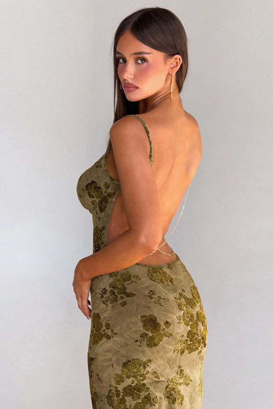 Tie Dye Backless Chain Patchwork Slim Long Floral Dress Main image