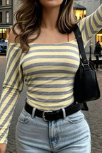 Striped Cinched Waist Off Shoulder Crop Tee