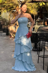 Solid Ruched Tiered Strapless Slim Fit Elegant Prom Dress