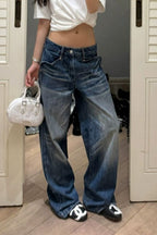Blue Low Rise Washed Relaxed Straight Jeans