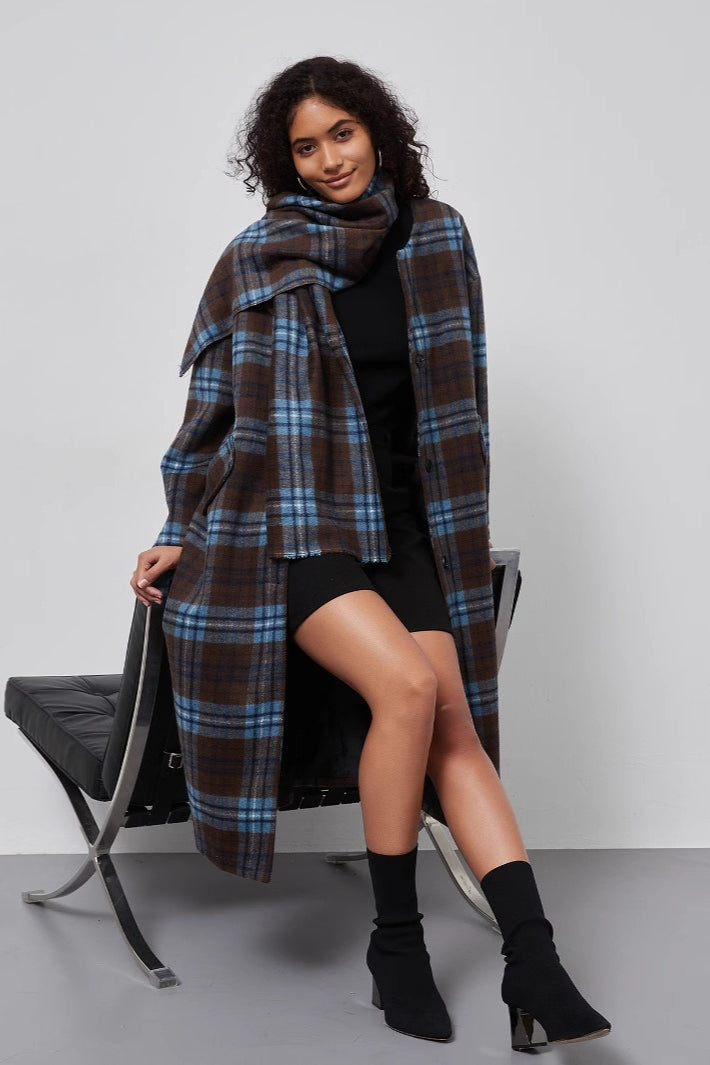 Plaid Wool Scarf Attached Relaxed Overcoat Main image