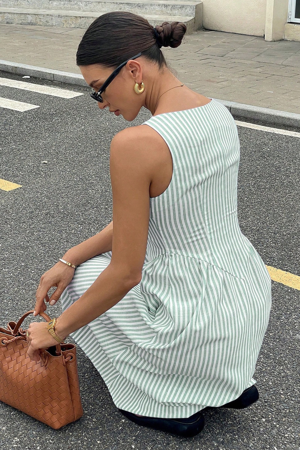 Elegant Striped Square Neck Vacation Dress