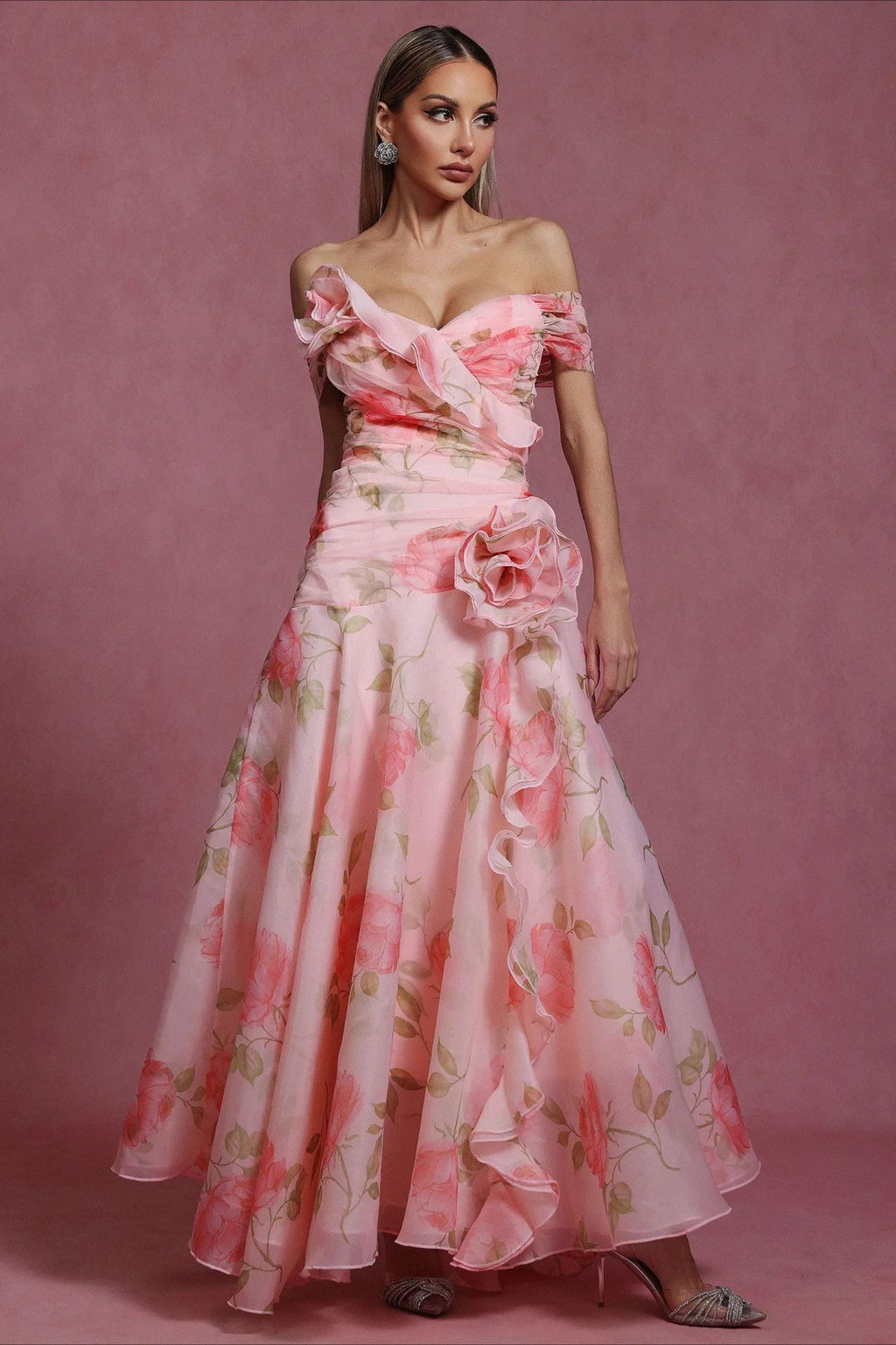 V Neck 3D Detail Elegant Maxi Floral Dress