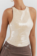 Halter Sequin Back Tie Tank Top